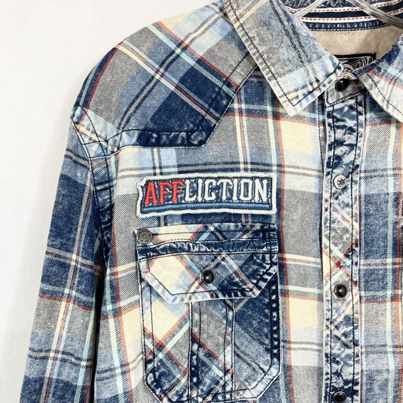 Affliction Black Premium Axle Grease Shirt Snap Buttons Distressed Plaid LARGE - Picture 4 of 10